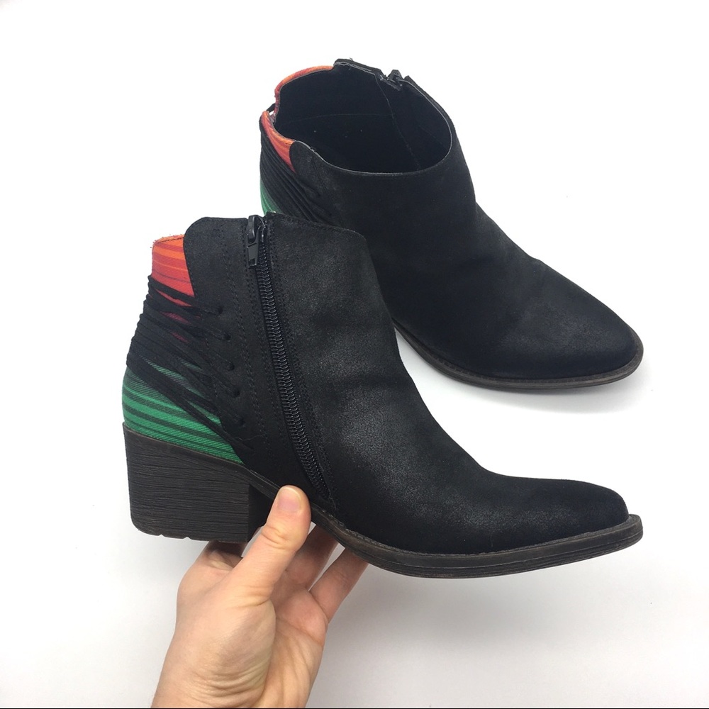 Very Volatile Black Suede Ankle Boots with Red and Green Accent